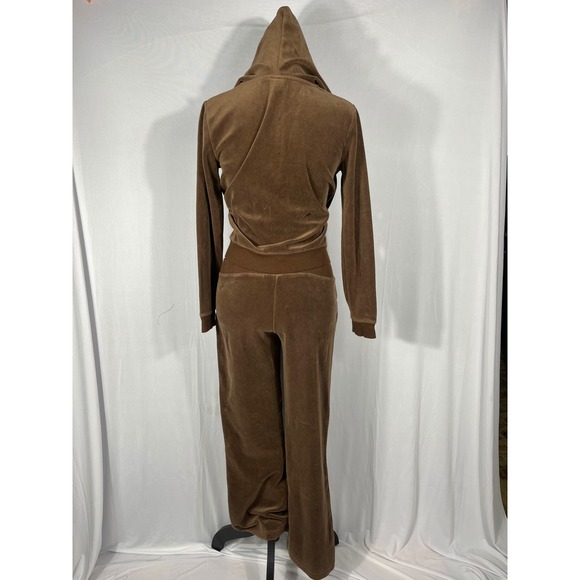 Vtg 90s Y2K Brown Glitter Trim Velour Tracksuit Hoodie Pants Set Girls XL Wms Sm - Picture 2 of 9